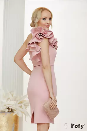 Rochie de ocazie Fofy roz elegantă cu volane maxi pe un umar