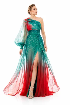 Rochie de ocazie lunga de LUX spectaculoasa din voal satinat imprimat verde cu rosu aplicatie florala