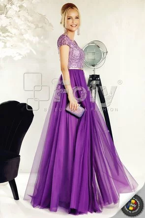 Rochie Fofy de ocazie mov din dantelă brodată și tulle