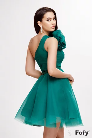 Rochie de seara eleganta din organza verde pe un umar cu bust fronsat si centura inclusa