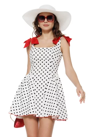 Rochie de vara alba mini cu buline cupe buretate contur si fundite rosii