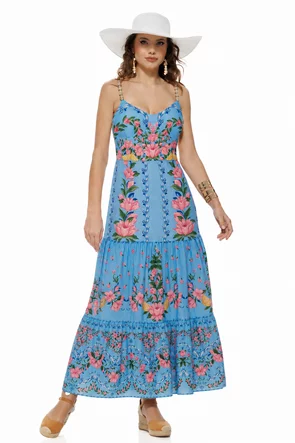 Rochie de vara bleu ciel lunga cu bumbac imprimeu mediteranean Amalfi cupe buretate