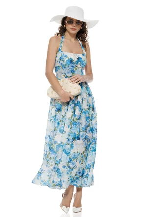 Rochie de vara din bumbac imprimeu floral alb cu albastru cupe buretate