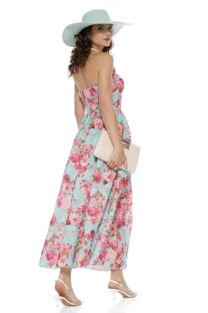 Rochie de vara din bumbac imprimeu floral turcoaz cu roz cupe buretate