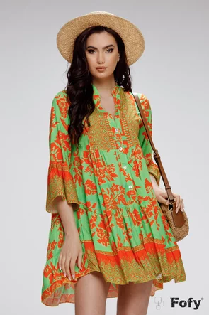 Rochie de vara din vascoza racoroasa imprimeu floral verde lime cu orange