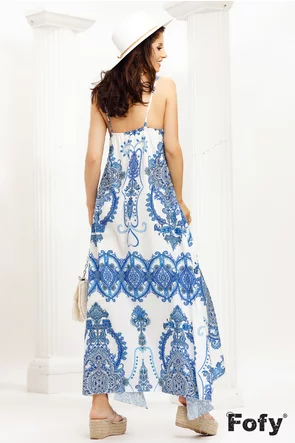 Rochie de vara lunga cu bretele cu imprimeu albastru de Grecia