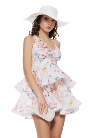 Rochie de vara mini cu volane intarite din bumbac imprimeu floral flori 3D