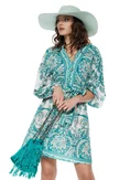 Rochie de vara mini din bumbac imprimeu paisley bohemian verde cu alb picture - 1