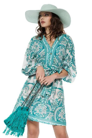 Rochie de vara mini din bumbac imprimeu paisley bohemian verde cu alb