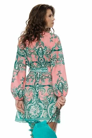 Rochie de vara mini din bumbac imprimeu paisley bohemian verde cu roz