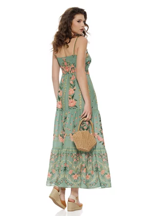 Rochie de vara olive lunga cu bumbac imprimeu mediteranean Amalfi cupe buretate