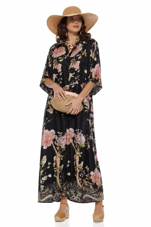 Rochie de vara premium neagra din matase naturala si vascoza satinata imprimeu luxury baroc floral maxi