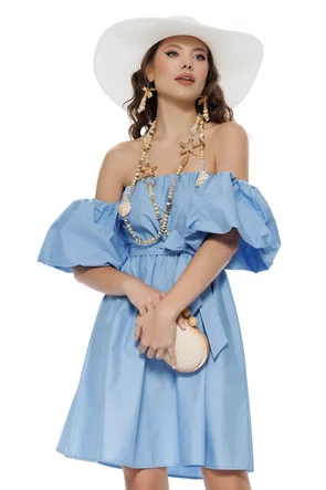 Rochie de vara scurta din bumbac bleu cu maneci bufante
