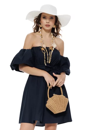 Rochie de vara scurta din bumbac bleumarin cu maneci bufante
