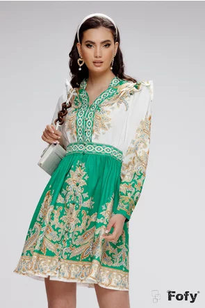 Rochie de voal satinat cu imprimeu boho actual in nuante de verde