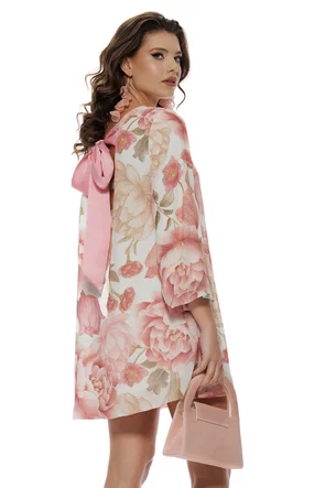 Rochie diafana din voal cu imprimeu floral roz croi in A cu funda la spate