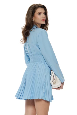 Rochie eleganta baby blue cu fusta plisata si revere