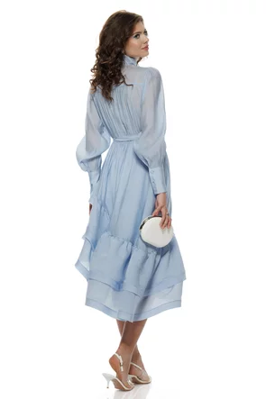 Rochie eleganta baby blue din organza premium fusta asimetrica cu volane intarite