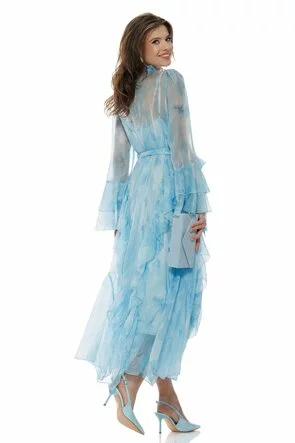 Rochie eleganta baby blue din organza premium matasoasa cu volane spiralate