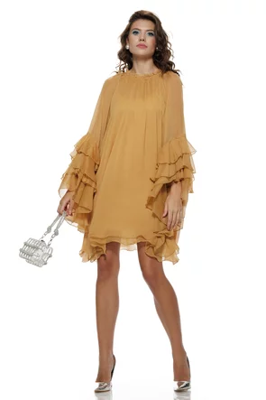 Rochie eleganta bej bronz din voal diafan premium  cu maneci volane ample