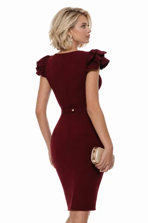 Rochie elegantă bordo cu decolteu adânc elastica cu accesori metalic auriu cu pietre in talie