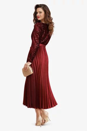 Rochie eleganta  burgundy de ocazie cu bust de catifea cu paiete si fusta plisata din saten