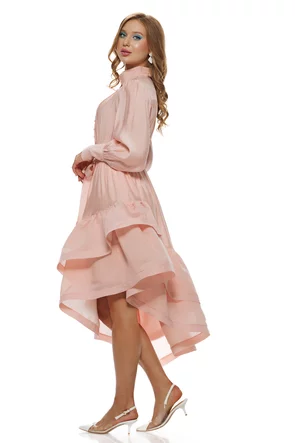 Rochie eleganta cristal rose din organza premium fusta asimetrica cu volane intarite