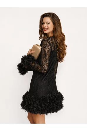 Rochie eleganta de ocazie din dantela premium cu strasuri si volane florale 3D
