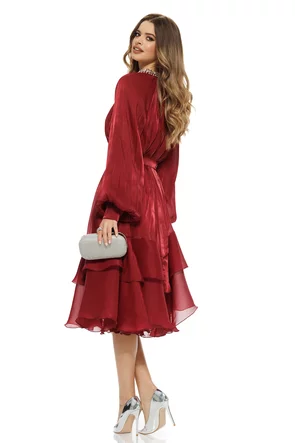 Rochie eleganta de ocazie din voal satinat bordo premium cu aplicatii de cristale