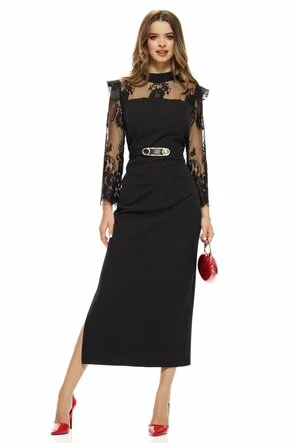 Rochie eleganta de ocazie neagra cu aplicatii dantela umeri structurati si curea