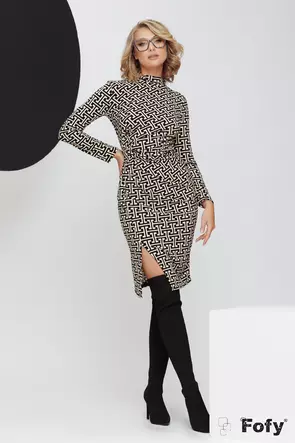 Rochie eleganta din crep elastic imprimeu grafic cu fronseuri laterale si crapatura