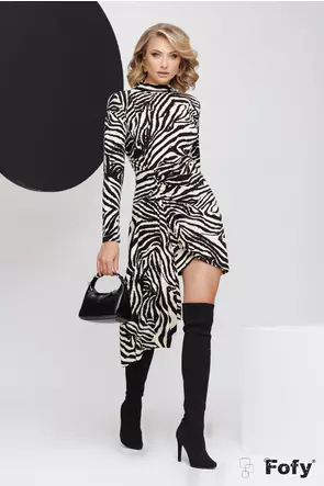 Rochie eleganta din crep elastic zebra cu fusta petrecuta si drapaj sofisticat