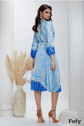 Rochie eleganta din saten in nuante estivale cu fusta plisata elastic in talie si cordon