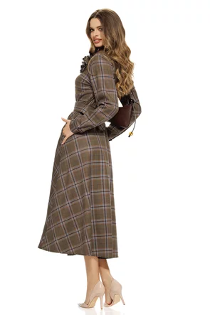 Rochie eleganta din stofa supersoft in carouri cu  floare detasabila si curea