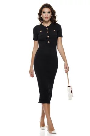 Rochie eleganta din tricot premium neagra cu buzunare terminatii ondulate si accesorii aurii