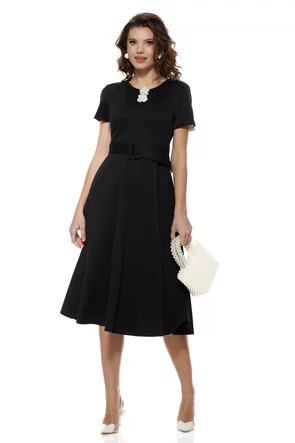 Rochie eleganta din vascoza neagra cu aplicatii florale sidefate detasabile