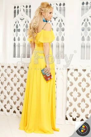 Rochie elegantă din voal galben cu umeri căzuți