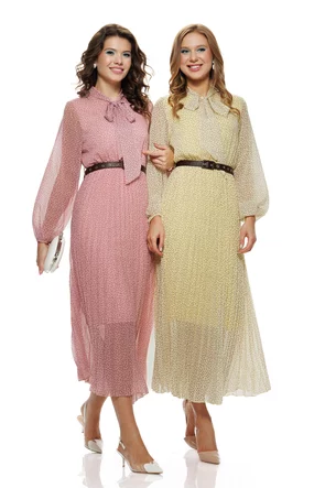 Rochie eleganta din voal matasos galben cu volane si imprimeu cu buline