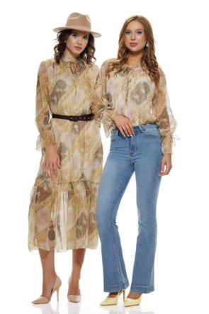 Rochie eleganta din voal matasos galben cu volane si imprimeu paisley