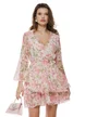 Rochie eleganta din voal matasos roz imprimeu floral cu volanane suprapuse