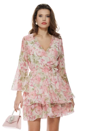 Rochie eleganta din voal matasos roz imprimeu floral cu volanane suprapuse