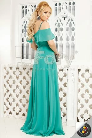Rochie elegantă din voal turquoise cu umeri căzuți