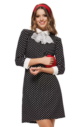 Rochie eleganta Fofy croi in A cu imprimeu buline cu guler alb si  jabou din dantela