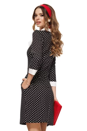 Rochie eleganta Fofy croi in A cu imprimeu buline cu guler alb si  jabou din dantela