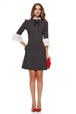 Rochie eleganta Fofy croi in A imprimeu buline  aplicatii plisate albe si brosa