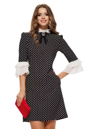 Rochie eleganta Fofy croi in A imprimeu buline  aplicatii plisate albe si brosa