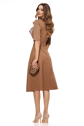 Rochie eleganta Fofy maro cu funda organza detasabila animal print