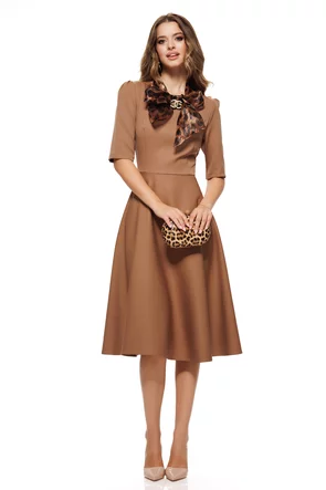 Rochie eleganta Fofy maro cu funda organza detasabila animal print