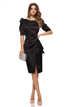 Rochie eleganta Fofy neagra cu fusta petrecuta nod stilizat si strasuri la gat