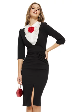 Rochie eleganta Fofy tip sarafan negru cu bust camasa ecru detasabil